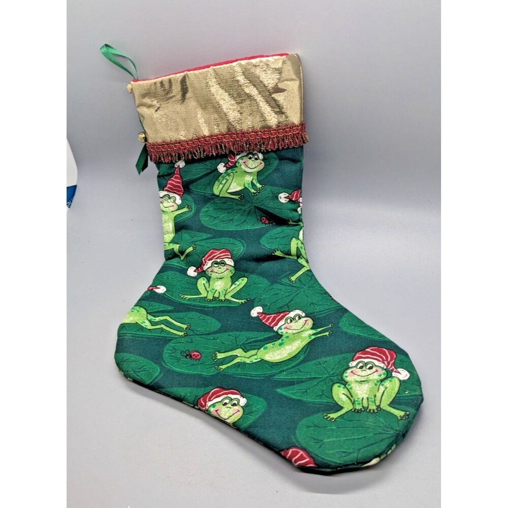 Santa Frog Froggy Christmas Stocking Adorable Gold Fringe Bells Vintage